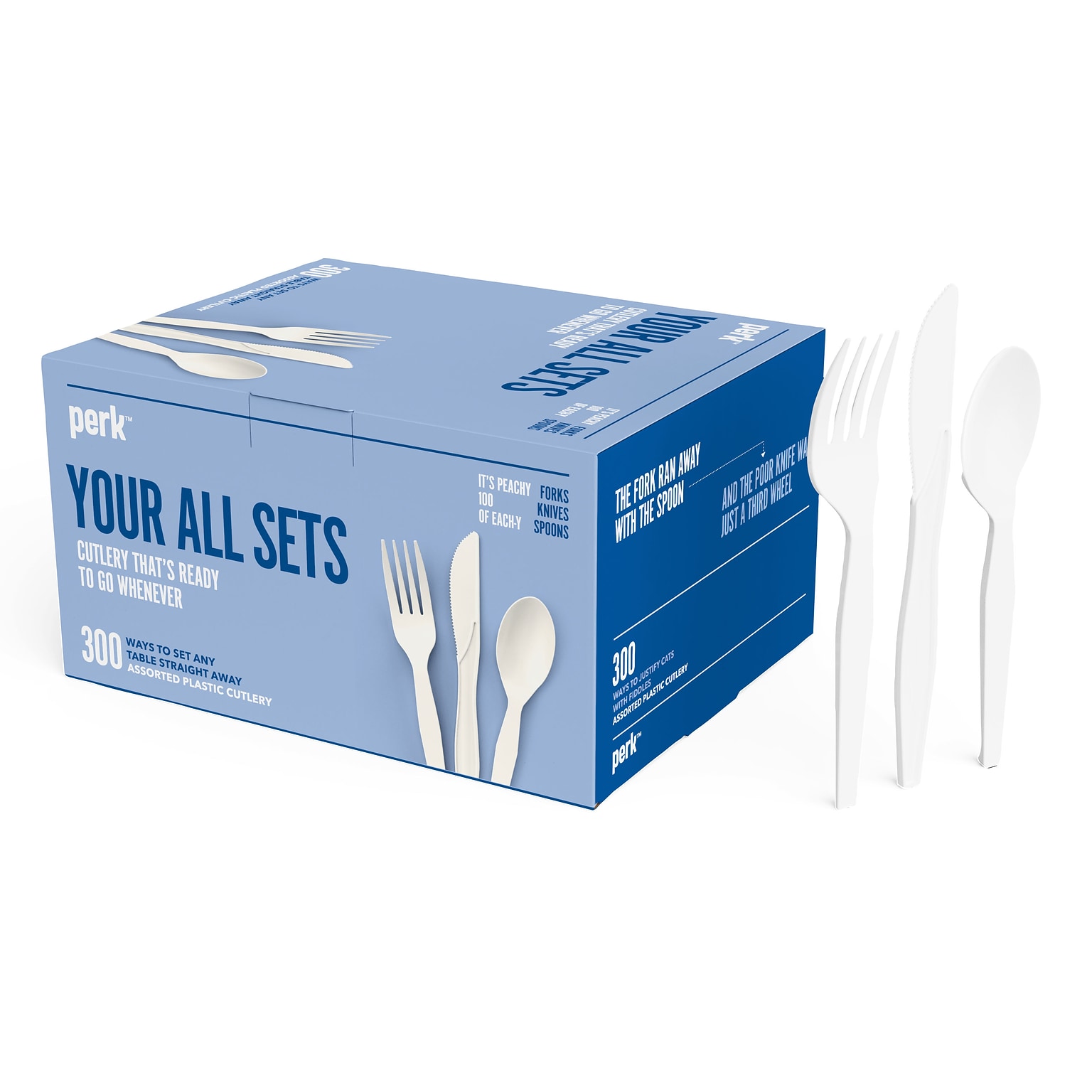 Perk™ Polystyrene Assorted Cutlery, Medium-Weight, White, 300/Pack (PK56406)