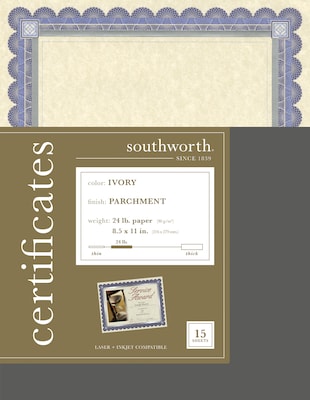 Southworth Foil Enhanced Parchment Certificates, 8.5 x 11, Ivory, 15/Pack (CT1R)