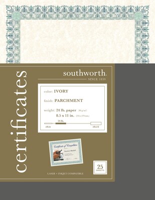 Southworth Parchment Certificates, 8.5 x 11, Ivory, 25/Pack (CT3R)