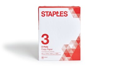 Staples 8.5" x 11" 3-Hole Punched Copy Paper, 20 lbs., 92 Brightness, 500/Ream (221192)