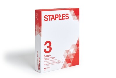 Staples 8.5" x 11" 3-Hole Punched Copy Paper, 20 lbs., 92 Brightness, 500/Ream (221192)