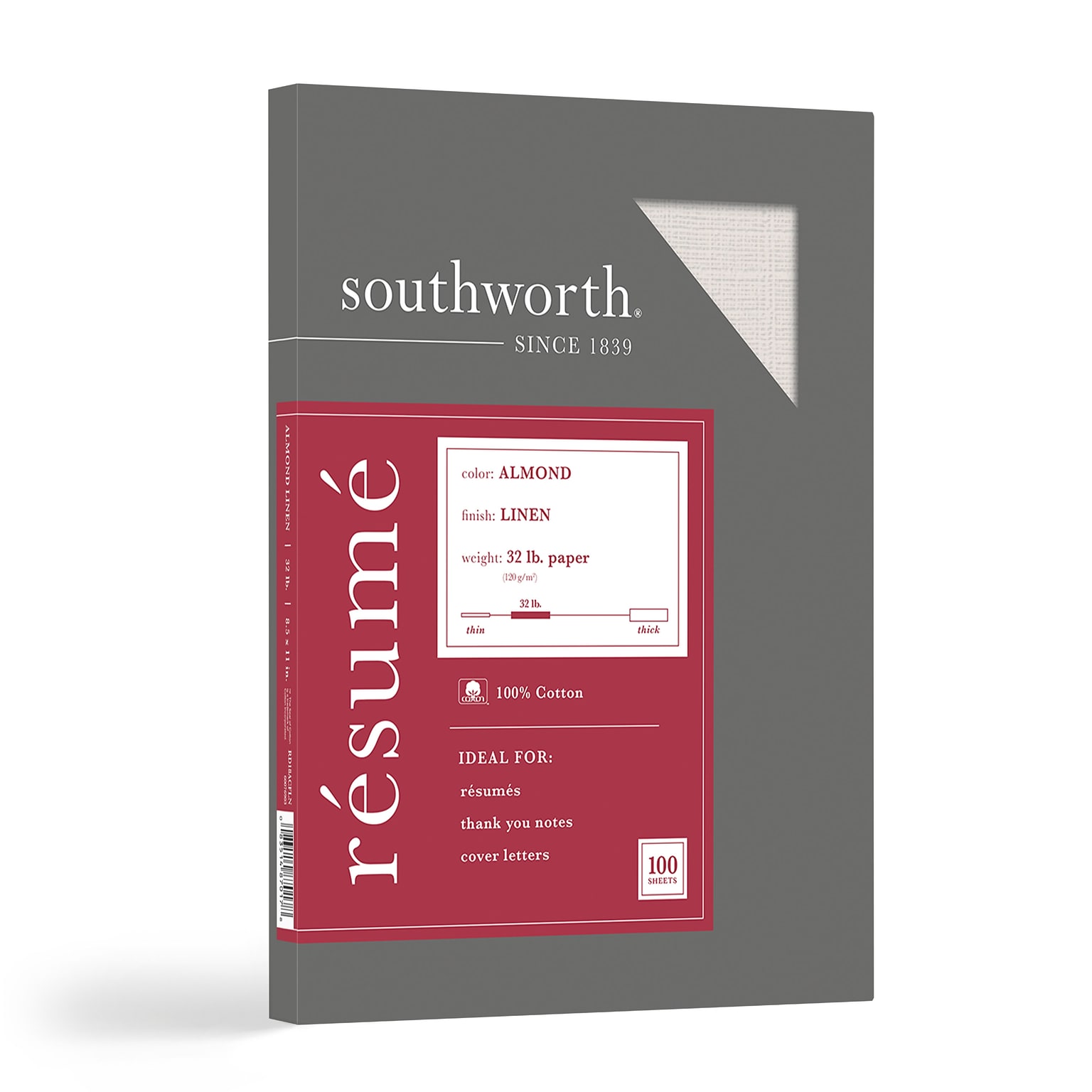 Southworth Linen Resume Paper, 32 lbs., 8.5 x 11, Almond, 100 Sheets/Box (RD18ACFLN)