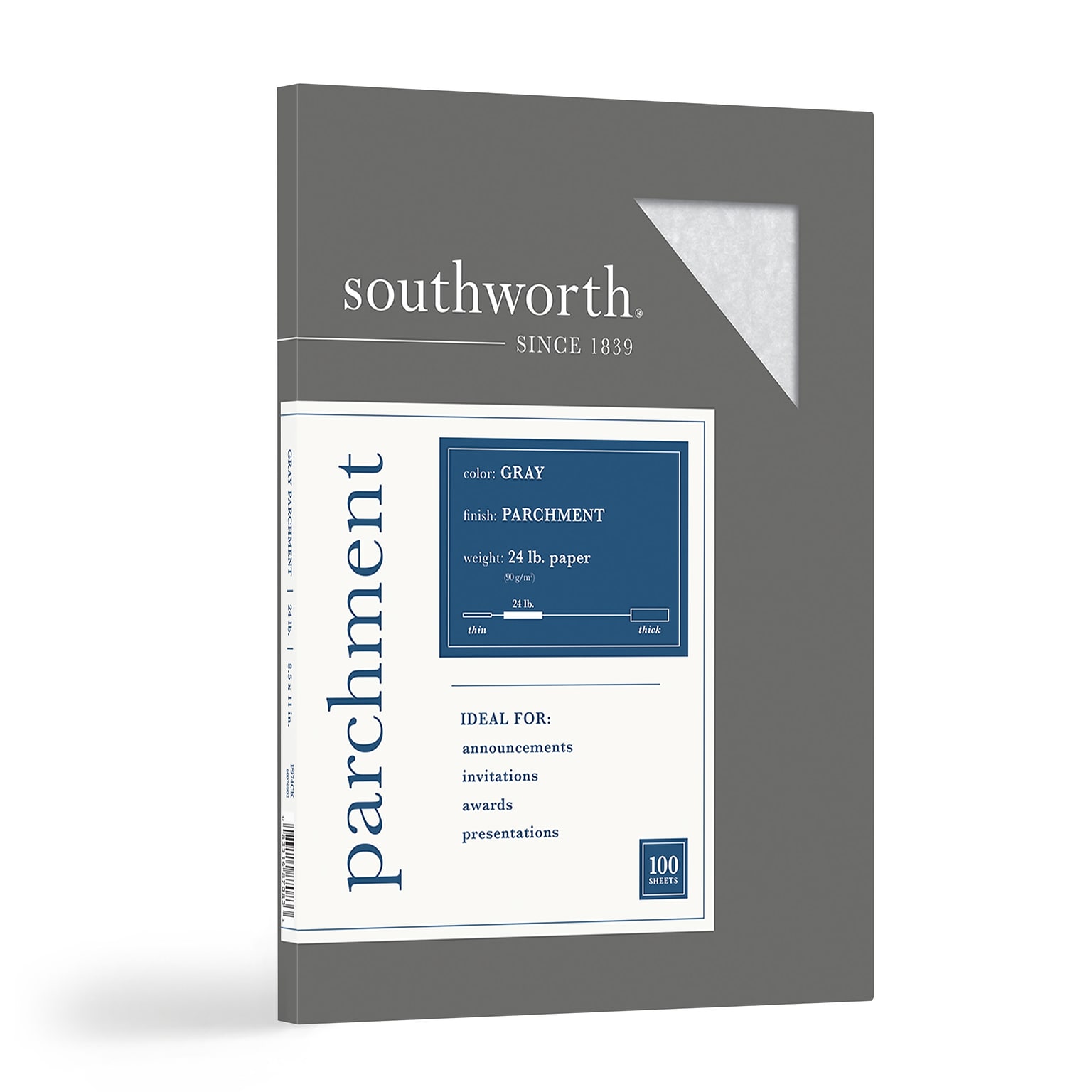 Southworth Parchment Specialty Paper, 24 lbs., 8.5 x 11, Gray, 100 Sheets/Box (P974CK)