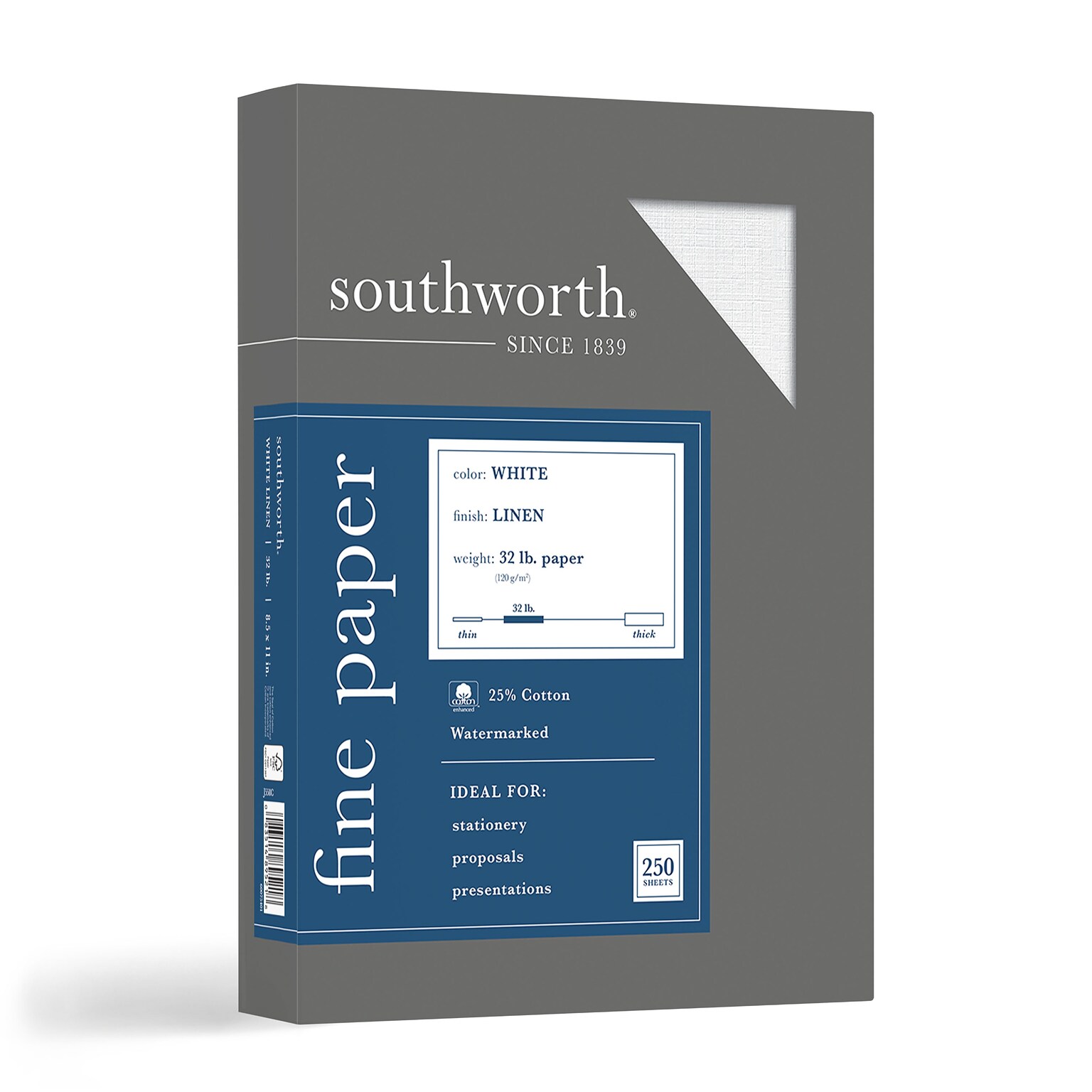 Southworth 8.5 x 11 Business Paper, 32 lbs., White with Linen Finish,, 250/Box (J558C)