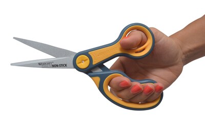 Westcott Titanium Bonded Non-Stick 8" Scissors, Adjustable Glide, Pointed Tip, Gray/Yellow (14849)