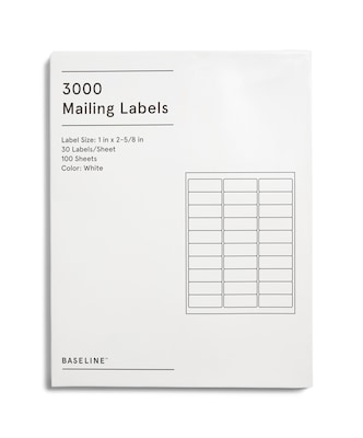 Baseline Laser/Inkjet Mailing Labels, 1 x 2-5/8, White, 3000 Labels (Compare to Avery 5160, 5260 & 8160)