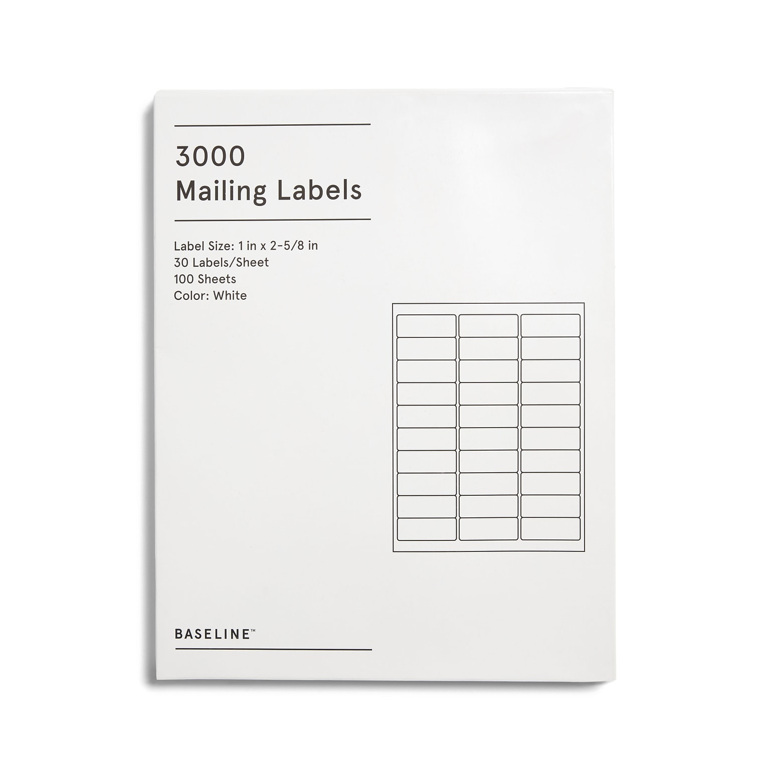 Baseline Laser/Inkjet Mailing Labels, 1 x 2-5/8, White, 3000 Labels (Compare to Avery 5160, 5260 & 8160)
