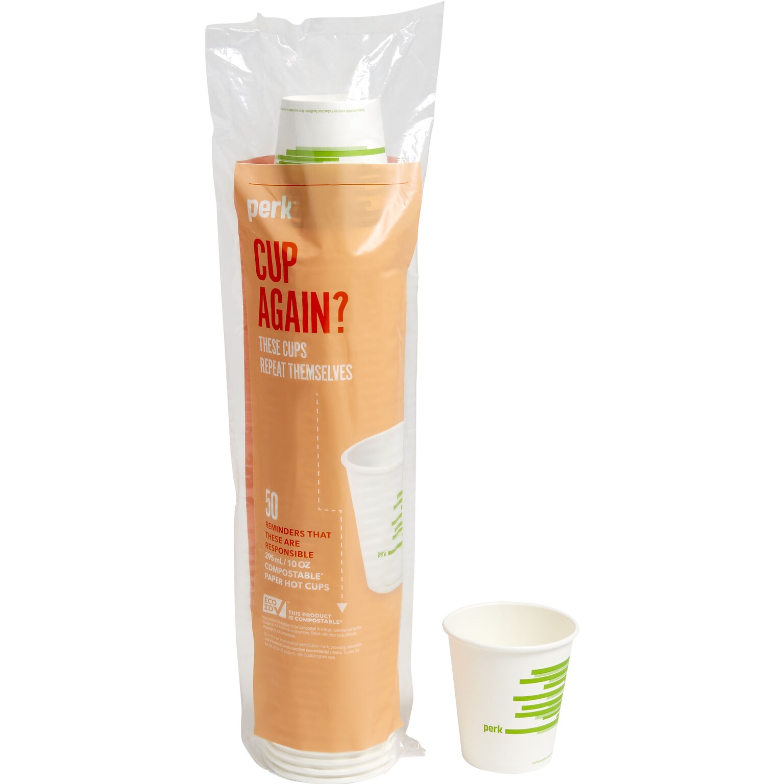 Perk™ Compostable Paper Hot Cup, 10 Oz., White/Green, 50/Pack (PK56223)