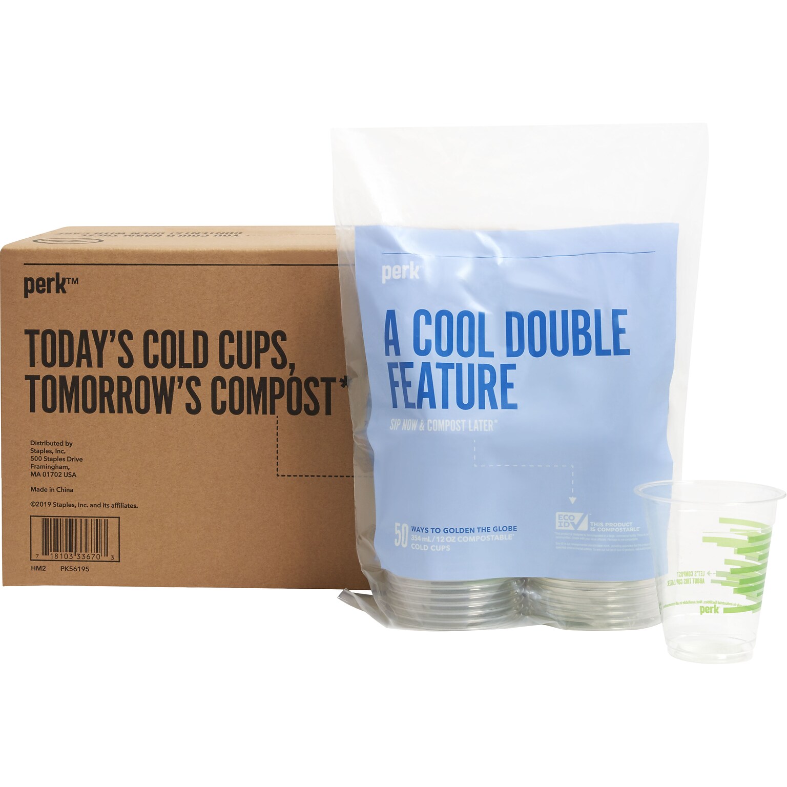 Perk™ Compostable Plastic Cold Cup, 12 Oz., Clear/Green, 300/Carton (PK56195)