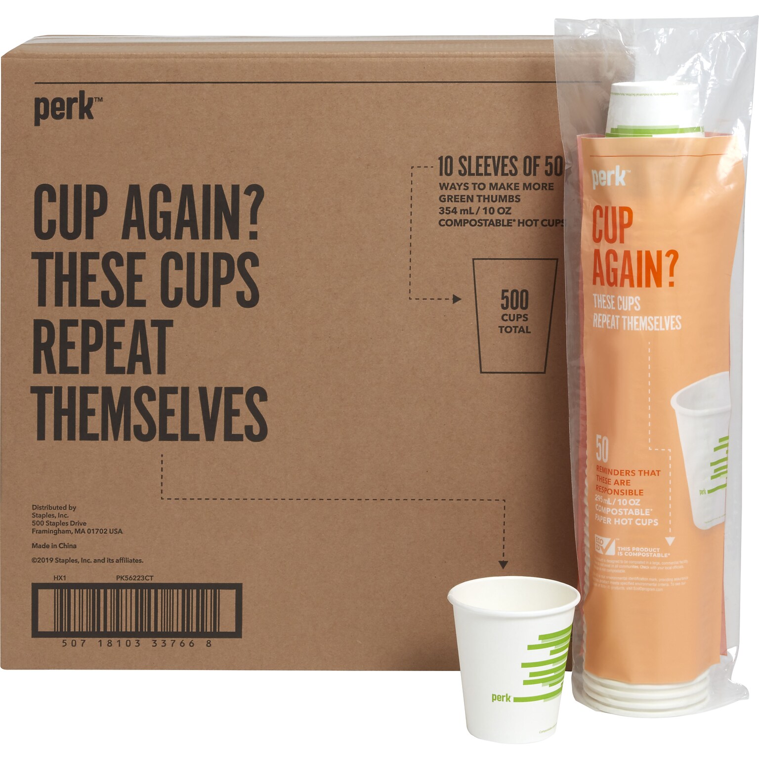 Perk™ Compostable Paper Hot Cup, 10 Oz., White/Green, 500/Carton (PK56223CT)