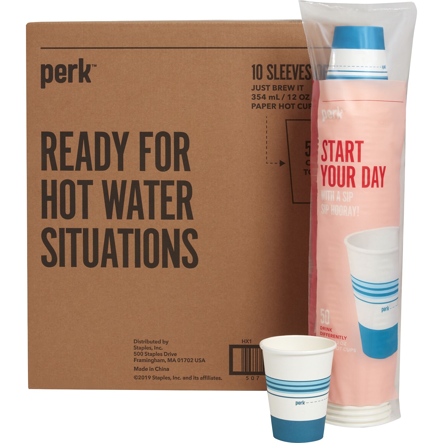 Perk™ Paper Hot Cup, 12 oz., White/Blue, 500/Carton (PK54367CT)