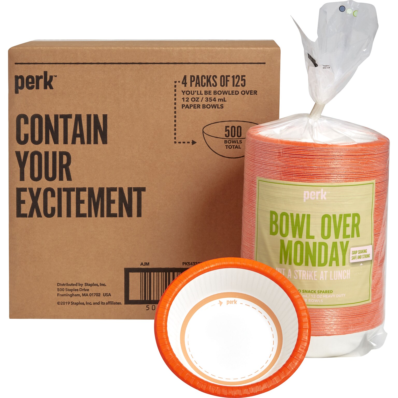 Perk™ Heavy-Weight Paper Bowls, 12 Oz., White/Orange, 500/Carton (PK54332)