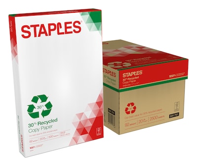 Staples 30% Recycled 11 x 17 Copy Paper, 20 lbs., 92 Brightness, 500  Sheets/Ream, 5 Reams/Carton (