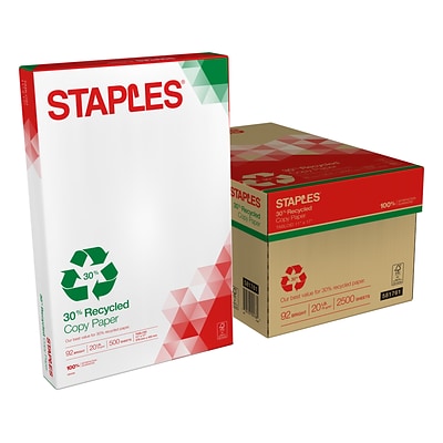 Staples 30% Recycled 11 x 17 Copy Paper, 20 lbs., 92 Brightness, 500 Sheets/Ream, 5 Reams/Carton (112390)
