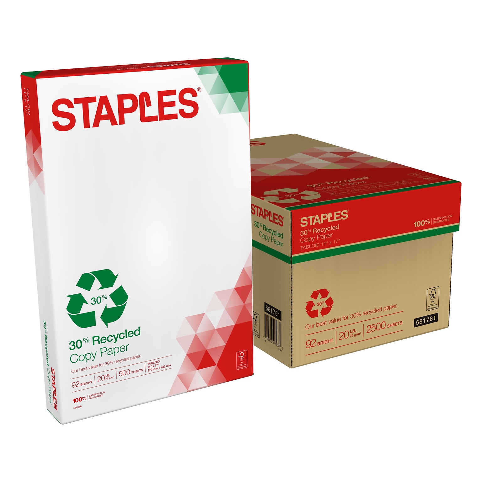 Staples 30% Recycled 11 x 17 Copy Paper, 20 lbs., 92 Brightness, 500 Sheets/Ream, 5 Reams/Carton (112390)