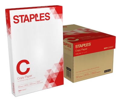 Staples Copy Paper, 11 x 17, 20 lbs., White, 500 Sheets/Ream, 5 Reams/Carton (512215)