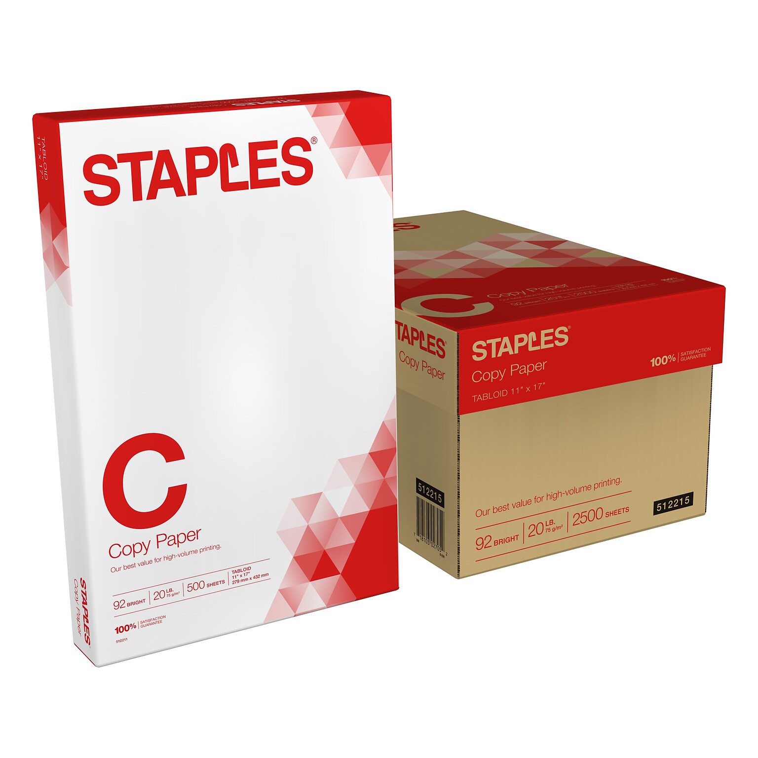 Staples Copy Paper, 11 x 17, 20 lbs., White, 500 Sheets/Ream, 5 Reams/Carton (512215)