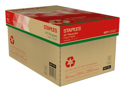Staples 30% Recycled 11 x 17 Copy Paper, 20 lbs., 92 Brightness, 500 Sheets/Ream, 5 Reams/Carton (