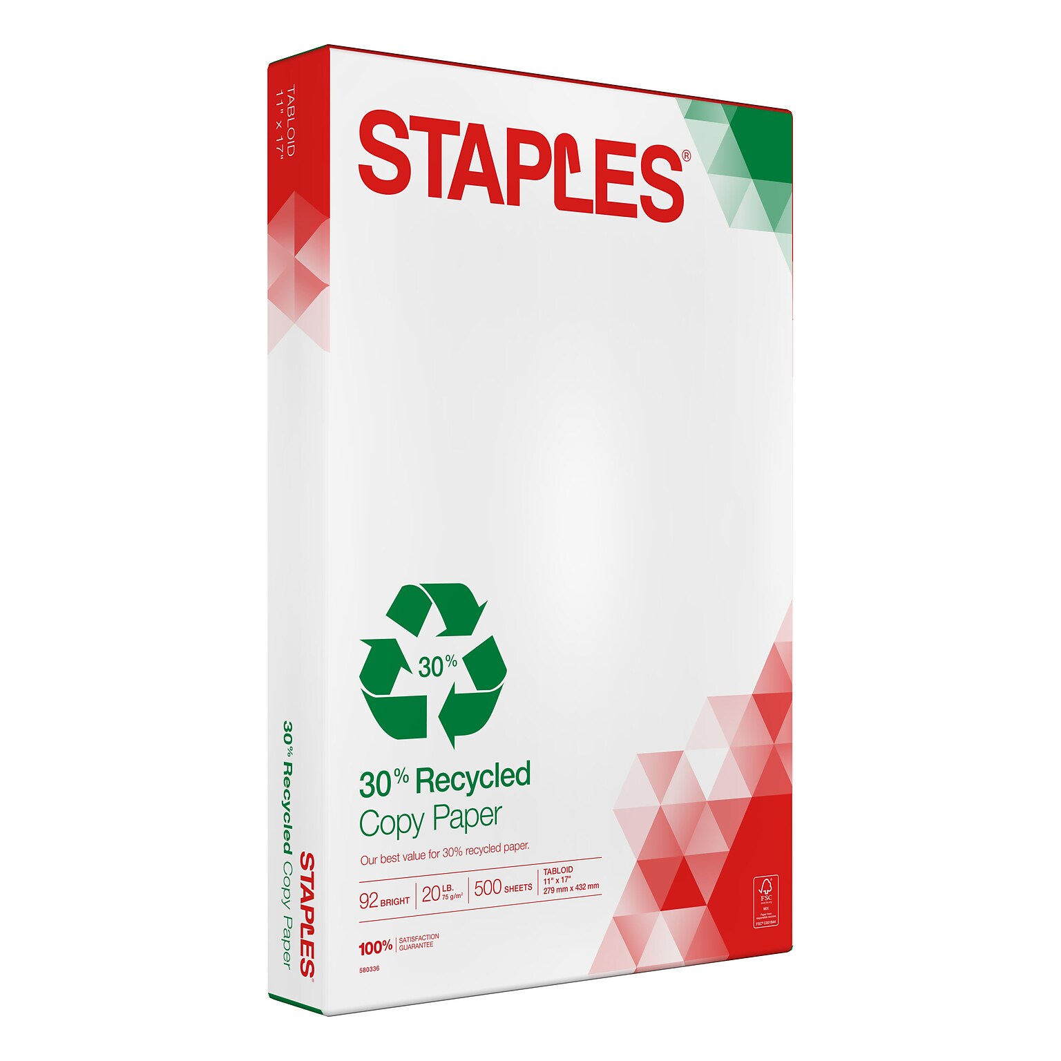 Staples 30% Recycled 11 x 17 Copy Paper, 20 lbs., 92 Brightness, 500/Ream (112390)