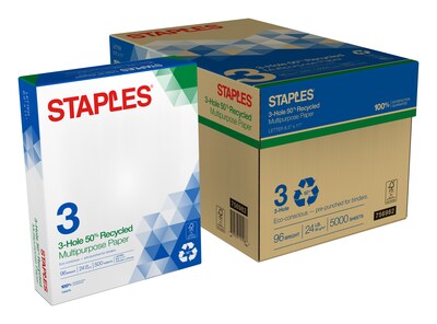 Staples 50% Recycled 8.5 x 11 3-Hole Punch Multipurpose Paper, 24 lbs., 96 Brightness, 500/Ream, 10 Reams/Carton (86053)