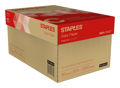 Staples Copy Paper, 11" x 17", 20 lbs., White, 500 Sheets/Ream, 5 Reams/Carton (512215)