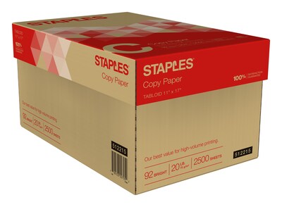 Staples Copy Paper, 11" x 17", 20 lbs., White, 500 Sheets/Ream, 5 Reams/Carton (512215)