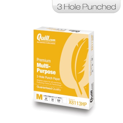 Quill Brand® 8.5" x 11" 3-Hole Punch Premium Multipurpose Paper, 20 lbs., 97 Brightness, 500 Sheets/Ream (X8113HP)