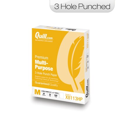 Quill Brand® 8.5" x 11" 3-Hole Punch Premium Multipurpose Paper, 20 lbs., 97 Brightness, 500 Sheets/Ream (X8113HP)