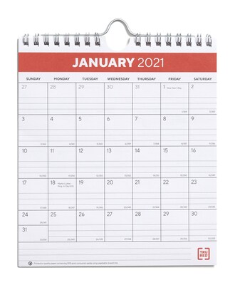 2021 TRU RED™ 7 x 6 Wall Calendar, Red/Black/White (TR53923-21)