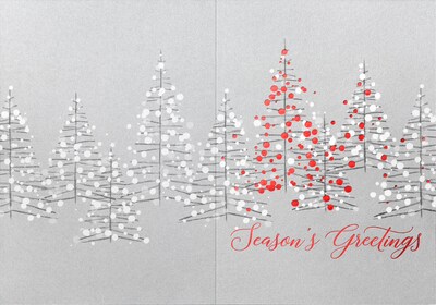Custom Seasons Greetings Silver Christmas Trees Cards, with Envelopes, 5-5/8 x 7-7/8, 25 Cards per Set