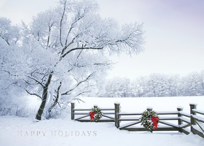 Custom Happy Holidays Snowy Fence Cards, with Envelopes, 7-7/8 x 5-5/8, 25 Cards per Set