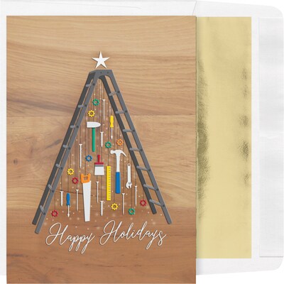 Custom Happy Holidays Tools Christmas Tree Cards, with Envelopes, 5-5/8 x 7-7/8, 25 Cards per Set