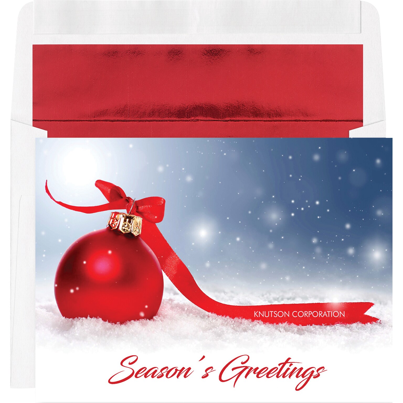 Custom Seasons Greetings Red Ornament Cards, with Envelopes, 7-7/8 x 5-5/8, 25 Cards per Set