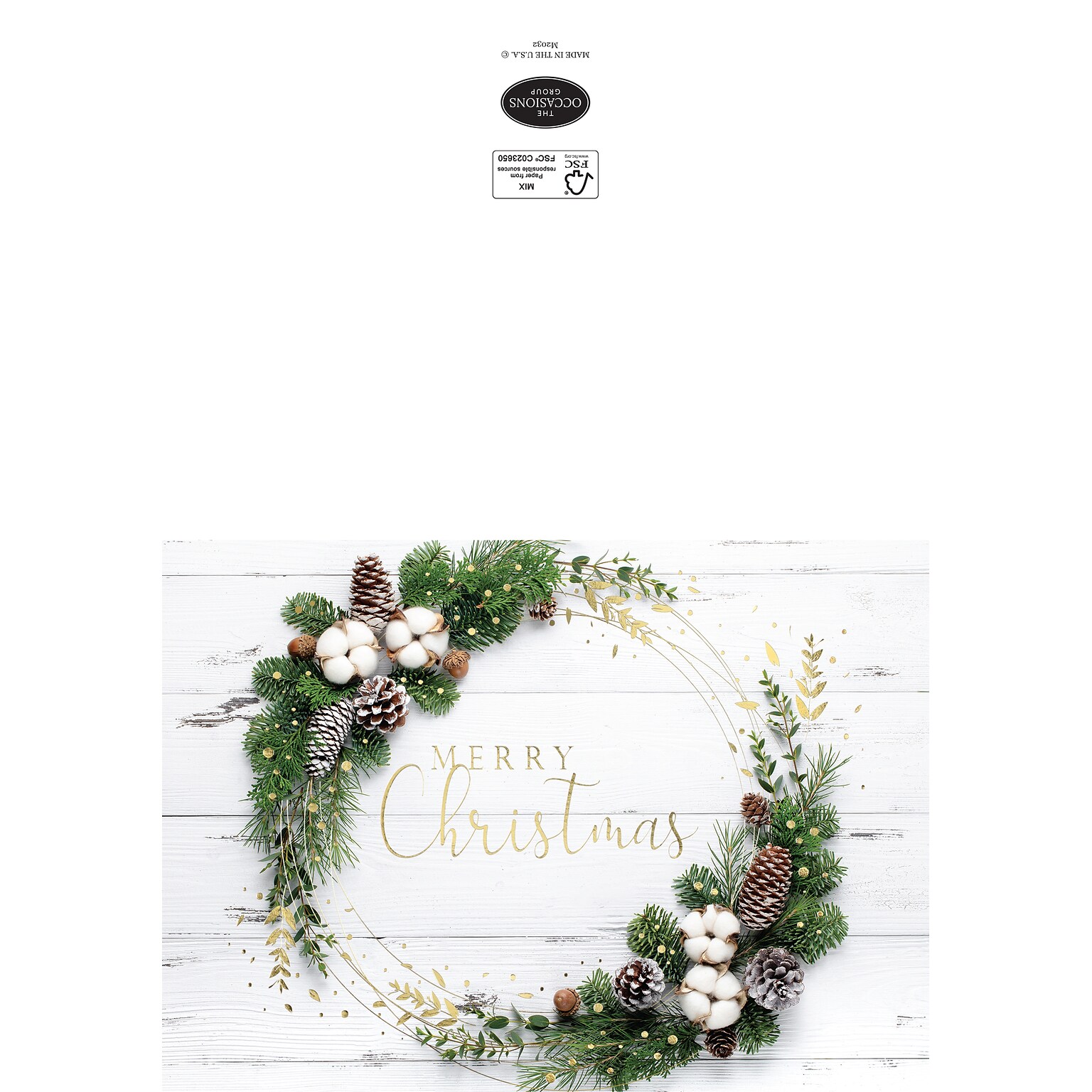Custom Merry Christmas White Wood Panel With Wreath Cards, with Envelopes, 7-7/8 x 5-5/8, 25 Cards per Set