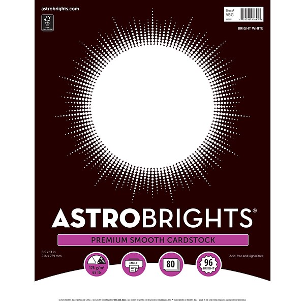 Astrobrights Cardstock Paper, 65 lbs., 8 1/2 x 11, White, 80