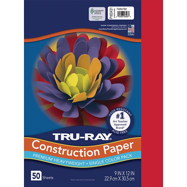 Tru-Ray 9 x 12 Construction Paper, Festive Red, 50 Sheets (P103431)