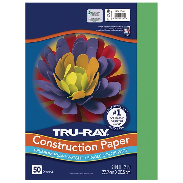 Tru-Ray 9 x 12 Construction Paper, Festive Green, 50 Sheets (P103006)