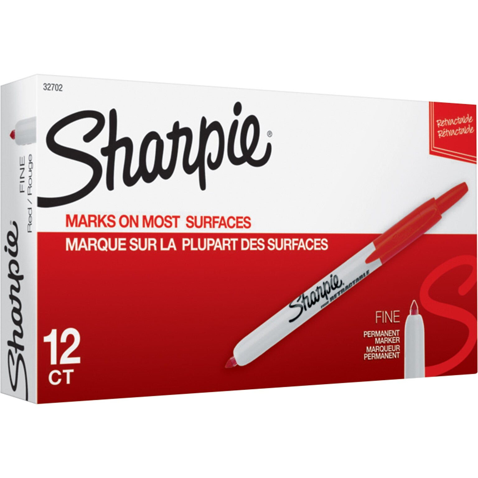 Sharpie Retractable Permanent Markers, Fine Tip, Red, 12/Pack (32702)