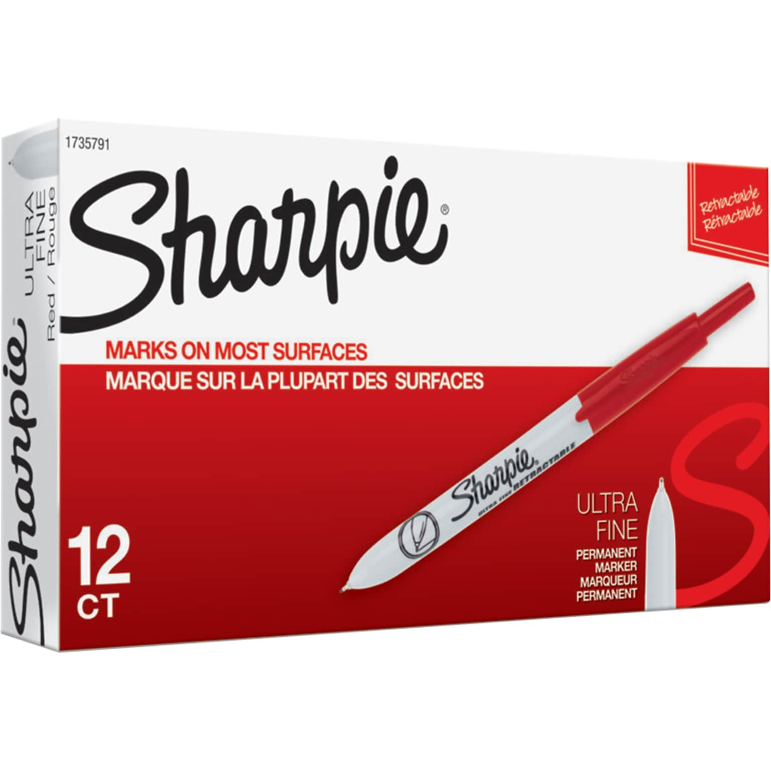 Sharpie Retractable Permanent Markers, Ultra Fine Tip, Red, 12/Pack (1735791)