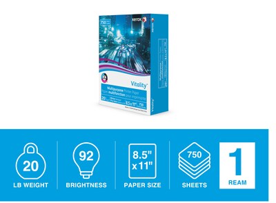 Xerox Vitality 8.5" x 11" Multipurpose Paper, 20 lbs., 92 Brightness, 750 Sheets/Ream (3R20195)