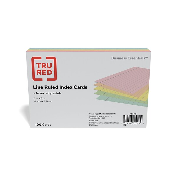TRU RED™ 4 x 6 Index Cards, Lined, Assorted Colors, 100/Pack (TR51015)