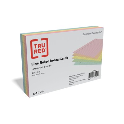 TRU RED™ 4" x 6" Index Cards, Lined, Assorted Colors, 100/Pack (TR51015)