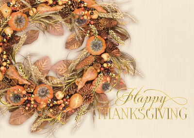 Custom Happy Thanksgiving Wreath Cards, with Envelopes, 7-7/8 x 5-5/8, 25 Cards per Set