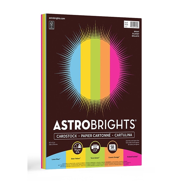 Astrobrights Bright 65 lb. Cardstock Paper, 8.5 x 11, Assorted Colors, 50 Sheets/Pack (99326-01)