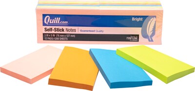 Quill Brand® Self-Stick Notes, 3 x 5, Bright Colors, 100 Sheets/Pad, 12 Pads/Pack (733F12)