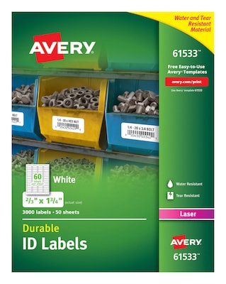 Avery Durable ID Labels, Permanent Adhesive, 3000 Labels, 0.67H x 1.75W, Rectangle, Laser, White,