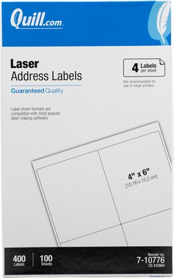 Quill Brand® Laser Address Labels, 4" x 6", White, 400 Labels (710776)