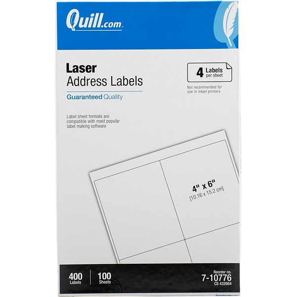 Quill Brand® Laser Address Labels, 4 x 6, White, 400 Labels (710776)