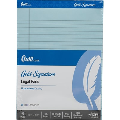 Quill Brand® Gold Signature Premium Series Legal Pad, 8-1/2 x 11, Wide Ruled, Assorted, 50 Sheets/Pad, 6 Pads/Pack (742412)