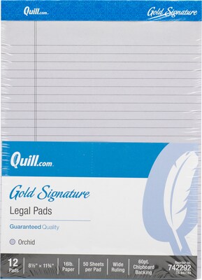 Quill Brand® Gold Signature Premium Series Legal Pad, 8-1/2 x 11, Wide Ruled, Orchid, 50 Sheets/Pad, 12 Pads/Pack (742292)